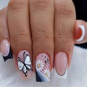 Designer 24 Pcs French Style Blue & Butterfly Design Medium Press on Nails